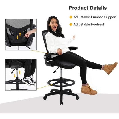 Ergonomic Office Chair: Flip-Up Arms, Mesh Back, Foot Rest, Black