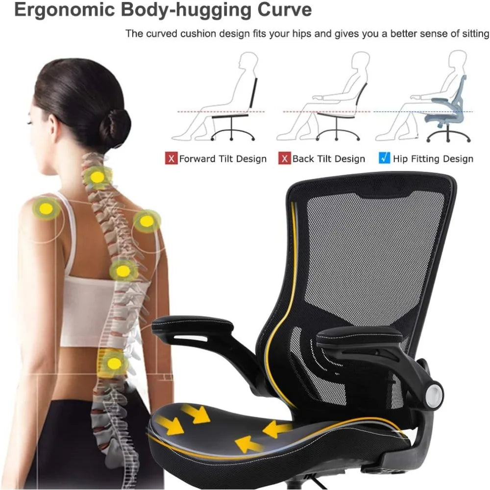 Ergonomic Office Chair: Flip-Up Arms, Mesh Back, Foot Rest, Black