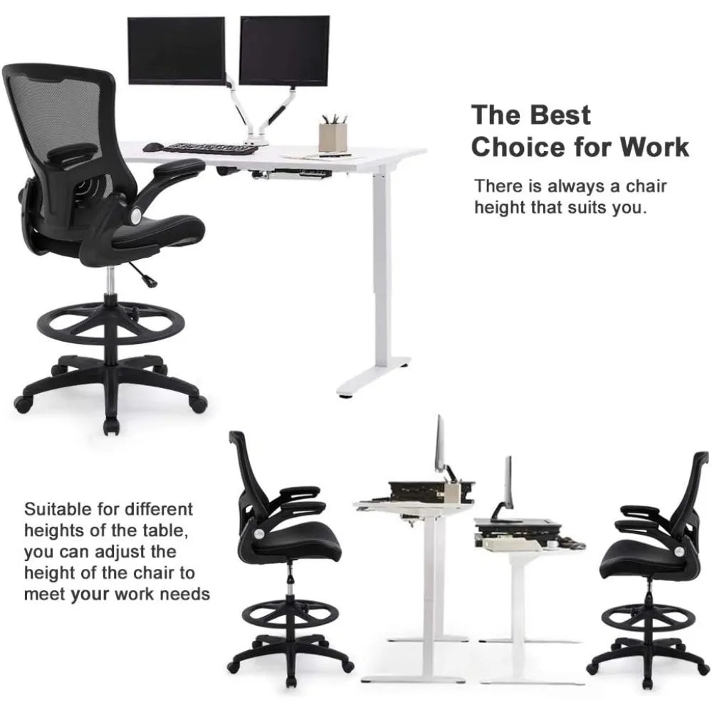 Ergonomic Office Chair: Flip-Up Arms, Mesh Back, Foot Rest, Black