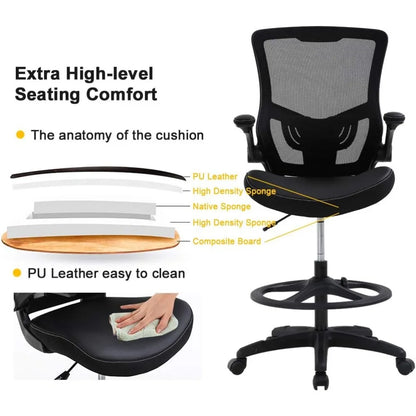 Ergonomic Office Chair: Flip-Up Arms, Mesh Back, Foot Rest, Black