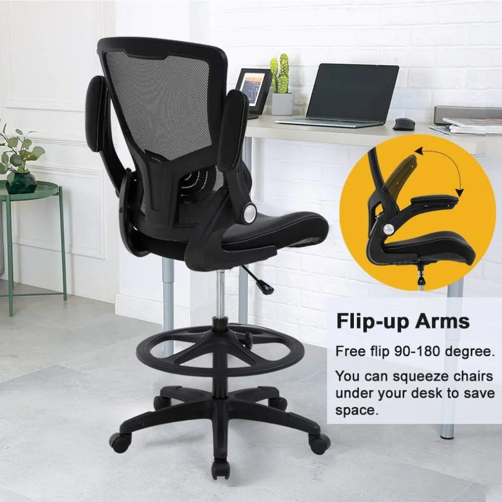 Ergonomic Office Chair: Flip-Up Arms, Mesh Back, Foot Rest, Black